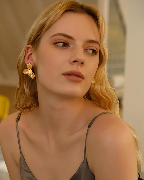 Chunky Gold Statement Earrings For Women Gold Plated Sectored Flower Leaf Shell Angel Wing Earrings Trendy Boho Jewelry For Women Large Stud Earrings Hypoallergenic Earrings
