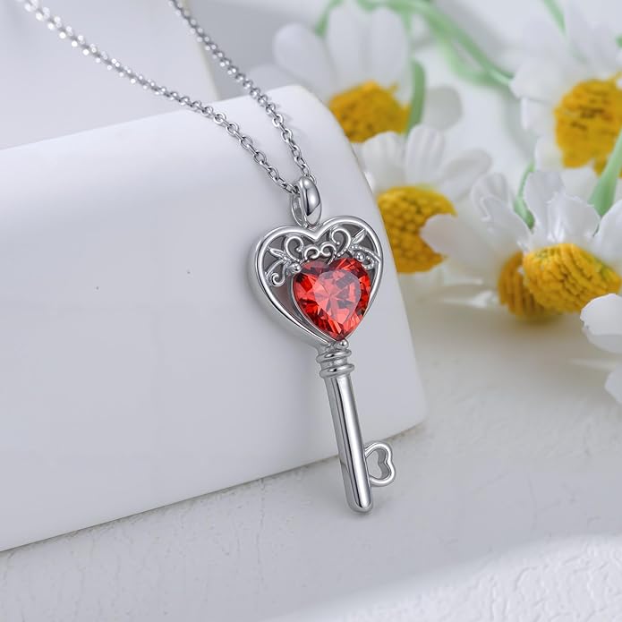 WSX Heart Key Birthstone Necklace for Women 925 Sterling Silver Love Key Pendant with Birthstone Valentine's Day Anniversary Jewelry Gift for Her