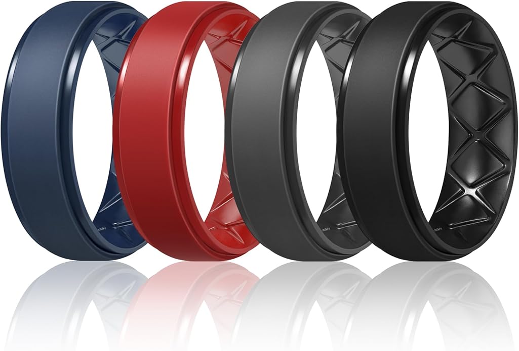 Egnaro Men's Rings 8.5mm Wide-2mm Thick Inner Arc Ergonomic Breathable Rubber Wedding bands-Hypoallergenic for Gym/Outdoor/Gift((1-7 Variety Pack with Half Size)