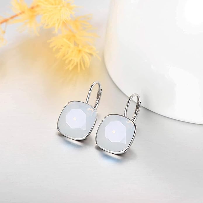 AOBOCO Sterling Silver Leverback Earrings Embellished with Crystals from Austria, Hypoallergenic Cushion Cut Square Crystal Earrings, Fine Anniversary Birthday Jewelry Gifts for Women