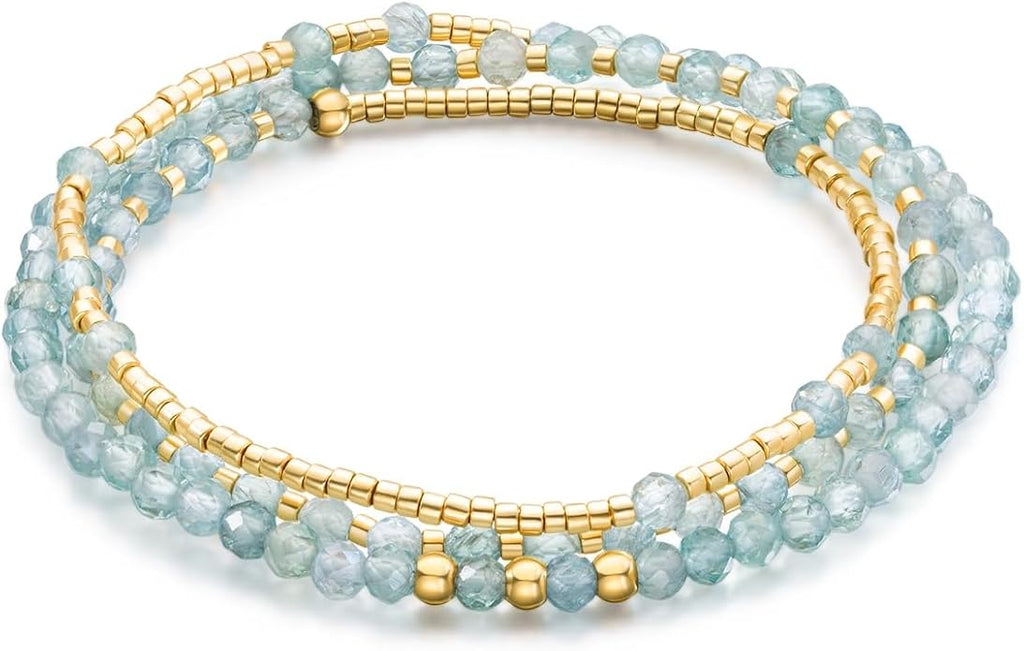 Beaded Bracelets Stack for Women Small Beaded Stretch Stone Bracelets Stackable Gemstone Crystal Dainty Boho 14K Gold Plated Beads Anklets Necklace Summer Jewelry for Women