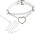 Gothic Heart Pendant Choker Necklace with Chain, Black Leather Collar, Silver Metal Hardware