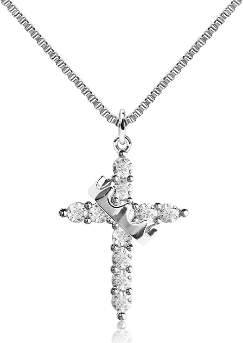Crown Cross Necklace for Women, 14K Gold Silver Cubic Zirconia Crown Cross Necklace, Diamond Gold Silver Cross Necklaces, Dainty Cross Faith Simple Trendy Charm Jewelry Gift for Women