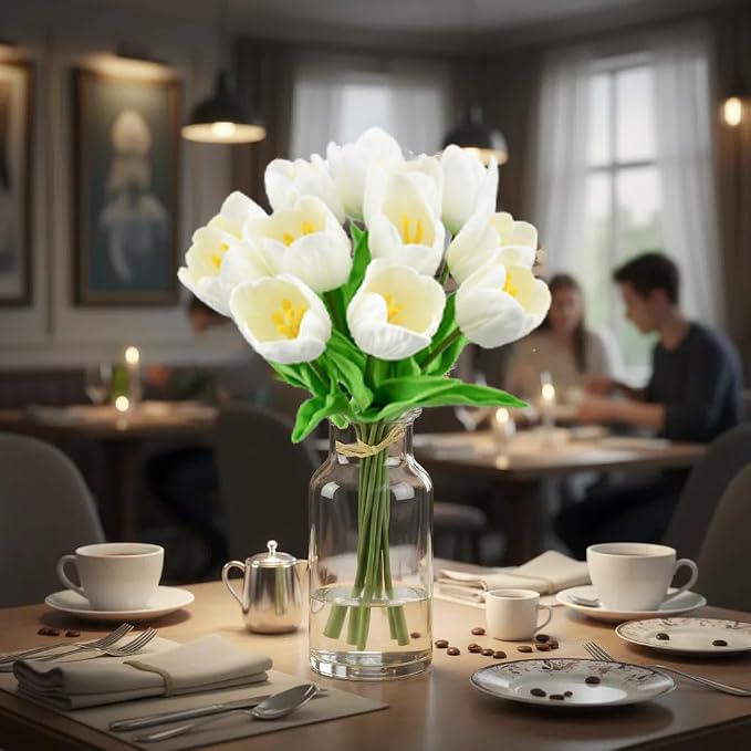 Mandy's 12pcs Artificial Cream Open Tulips | 13.5 Inch Lifelike PU Tulips Faux - Image 8