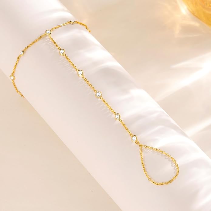 CHESKY 14K Gold Plated Hand Chain Bracelets for Women Set - Dainty Finger Ring Bracelet Stack Adjustable Hand Chains Durable Beaded Bracelets Trendy Simple Body Jewelry Gift for Women