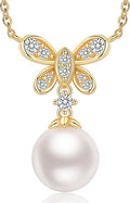 Pearl Necklace for Women with 14K Gold Plated S925 Silver & Butterfly Pendant Necklace, 17.7"+2" Chain Length, Gift for Birthday, Mothers Day, Christmas, Anniversary, Graduation
