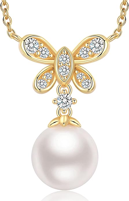 Pearl Necklace for Women with 14K Gold Plated S925 Silver & Butterfly Pendant Necklace, 17.7"+2" Chain Length, Gift for Birthday, Mothers Day, Christmas, Anniversary, Graduation
