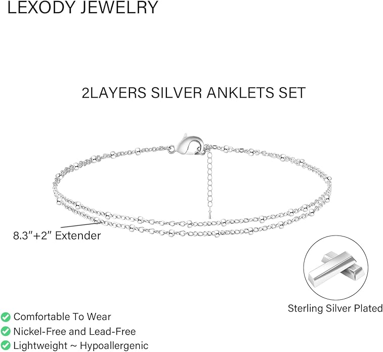 LEXODY Silver/Gold Anklets for Women, Sterling Silver Evil Eye Ankle Bracelets for Women Trendy Dainty Waterproof Anklets Set Adjustable Layered Anklet Bracelets for Women Silver Jewelry Gift