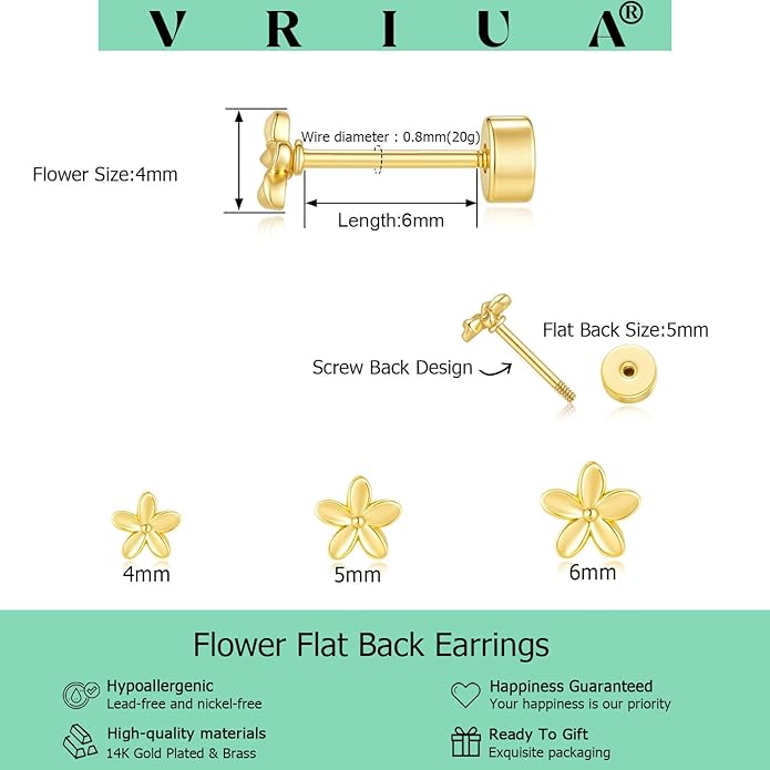 VRIUA 20G Tiny Flat Back Earrings for Women - 14K Gold/Silver Plated Small Flat Back Stud Earrings Hypoallergenic Cartilage Helix Piercing Jewelry