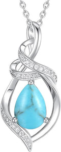 FANCIME Teardrop Gemstone Necklace for Women S925 Sterling Silver Elegant Ribbon Pendent Birthday Gifts for Her, 16"+2" Inches