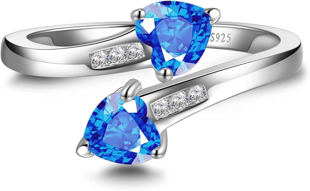 1CT Adjustable Women Heart Ring 925 Sterling Silver Birthstone Rings for Women Promise Ring for her Simulated Gemstone Statement Stackable Band Width 2mm Open Size 5~9