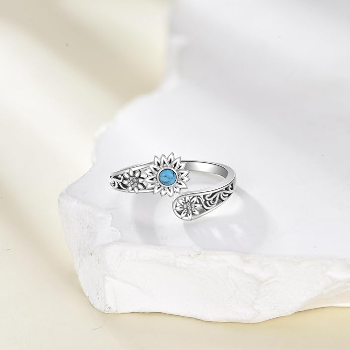 VONALA Dragonfly/Butterfly/Tree of Life/Sunflower Ring for Women 925 Sterling Silver Adjustable Turquoise Ring Flower Antique Jewelry Gifts