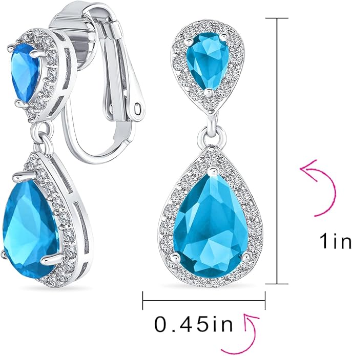 Vintage Style Bridal Cubic Zirconia Simulated Gemstone AAA CZ Halo Dangle Teardrop Chandelier Clip On Earrings For Women Silver Rose Gold Plated in Black Purple Blue Red Rose Pink Green Clear