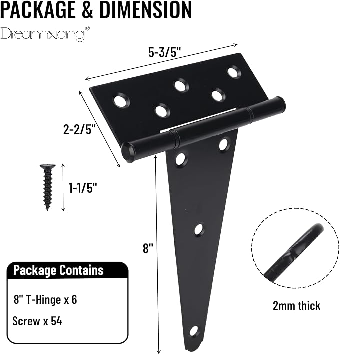8 Inch T-Strap Gate Hinges, Heavy Duty Shed Barn Door Hinges, Yard Gate - Image 2