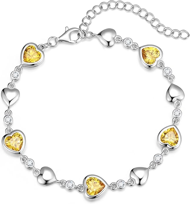 Carleen Birthstone Bracelets for Women 925 Sterling Silver Five Heart Station Created Gemstone Tennis Bracelet Jewelry Anniversary Birthday for Wife, 7"+1.2" Extender