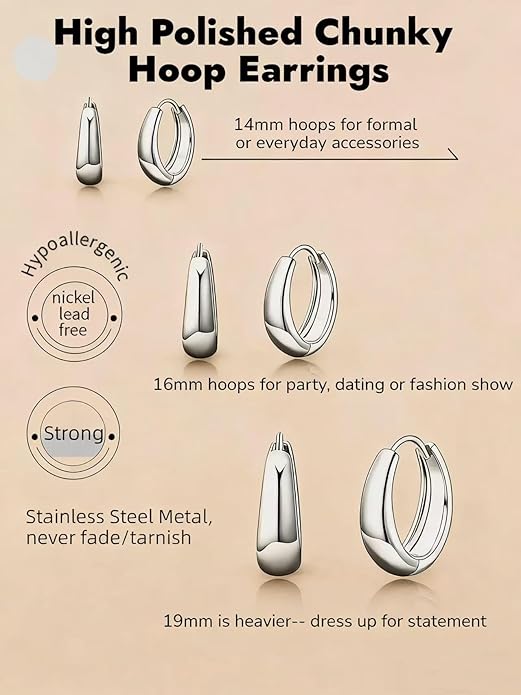 Chunky Small Hoop Earrings for Women 14mm/16mm/19mm Stainless Steel Huggie Earrings Everyday Jewelry Gift for Wife Mom, with Gift Box