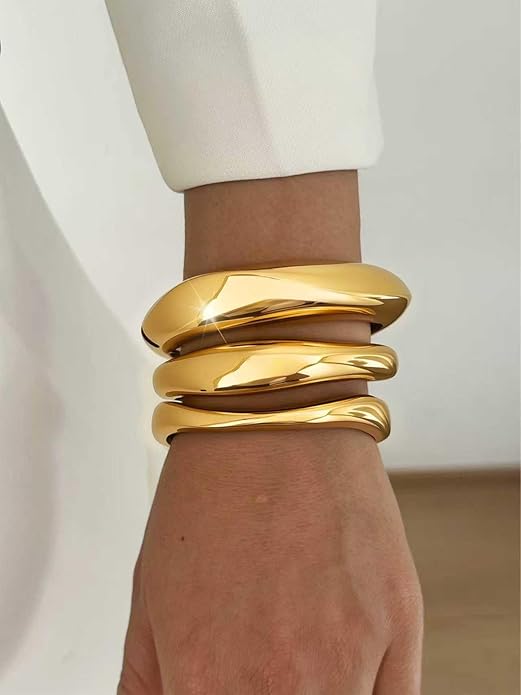 3Pcs Chunky Gold Bangles Bracelets for Women, Spring Hinged Big Stackable Bangles Set, Trendy Cuff Bracelet Stack Fashion Jewelry Gifts