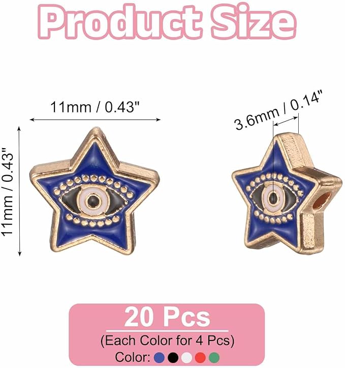 MECCANIXITY 20 Pcs Star Evil Eye Beads Colorful Flat Loose Spacer Evil Eye Charms for DIY Bracelet Earrings Necklace Crafts Jewelry Making, Green/Red/Bright Blue/Black/White