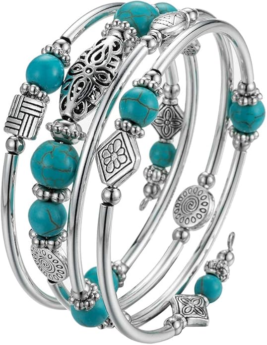 BULINLIN Layered Wrap Bangle Turquoise Bracelet - Bead Bracelet with Natural Agate Stone, Gifts For Women