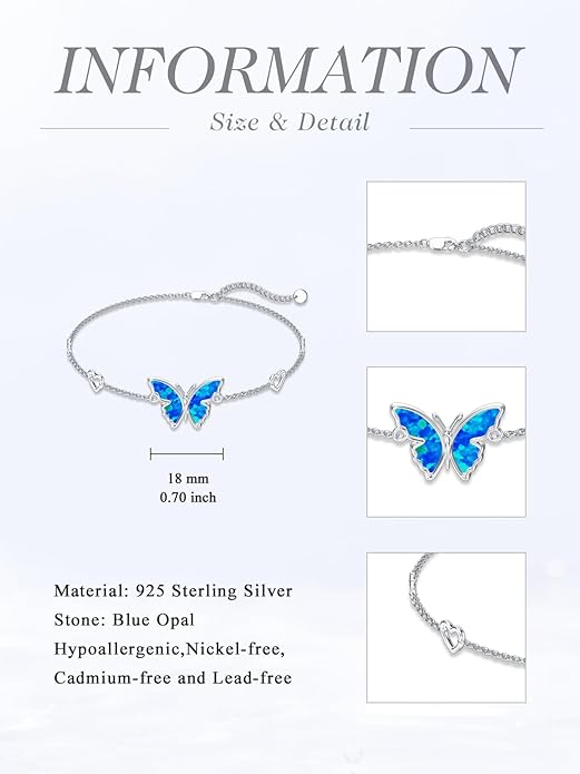 WINNICACA 925 Sterling Silver Anklets for Women Adjustable Beaded Butterfly Opal Anklet Bracelet Foot Chains Jewelry Gifts for Women Beach Birthday Christmas Gift