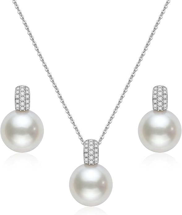 Classic Pearl Jewelry Set for Women – Elegant Pearl Necklace and Earrings Set with 14K Gold Plated Silver Chain Jewelry Perfect as Special Occasion Gift