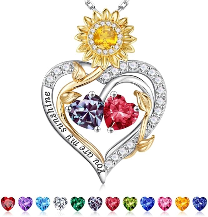Iefil Valentines Day Gifts for Her - 925 Sterling Silver Sunflower Double Birthstone Necklace for Women, Anniversary Birthday Gifts for Wife, You Are My Sunshine Necklaces, Jewelry for Wife Mom