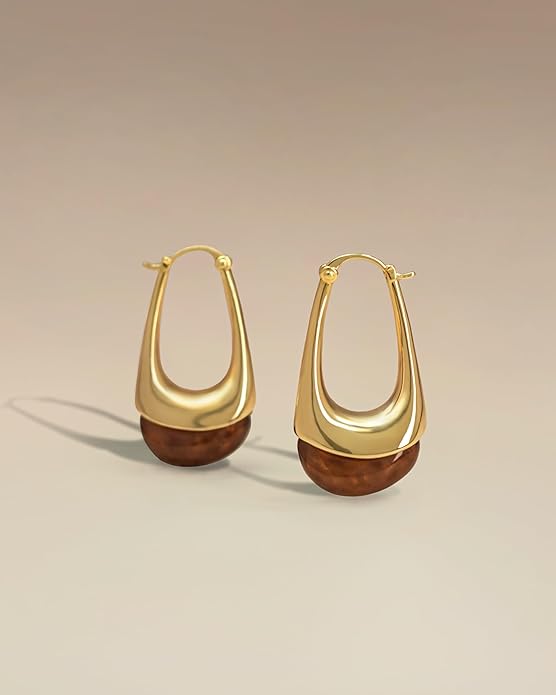 Long Oval Chunky Dangle 18K gold plated Hoops with Colored Resin Gemstone Statement Earrings for Women by SNGIA, (Green, Brown, Blue, Pink, White, Cream), Bold Drop Handmade Exaggerated Irregular Trendy Bohemian Jewelry Gifts, Unique Dangling Teardrop ...