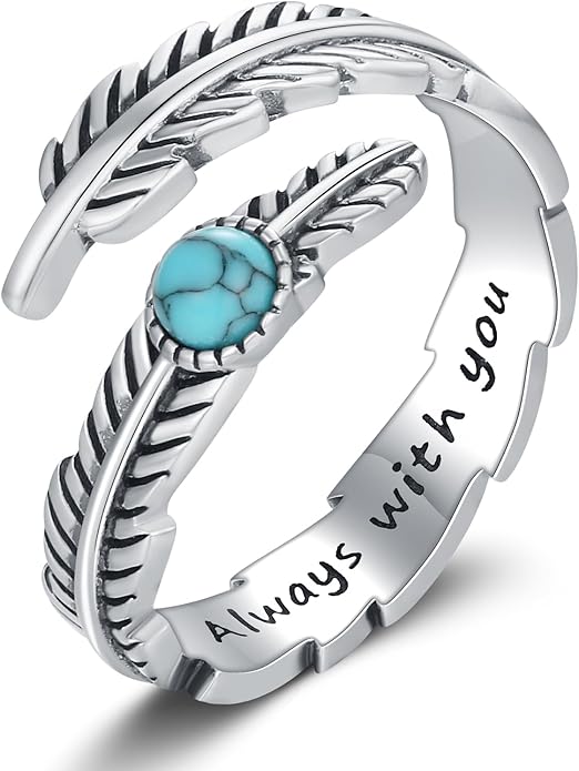 Turquoise/Moss Agate/Moonstone/Black Onyx/Lapis Lazuli/Labradorite/Tiger Eye Feather Ring 925 Sterling Silver Adjustable Ring Western Thumb Rings Vintage Jewelry Gifts for Women