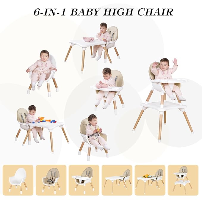 6 in 1 High Chair for Babies & Toddlers, Convertible Wooden Baby Highchair, Table and Chair Set, Baby Feeding Chair, 5-Point Adjustable Harness/4-Position Removable Tray& PU Seat Cushion(Beige)