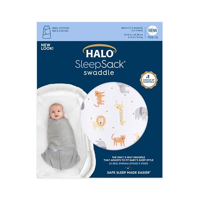 HALO 100% Cotton Sleepsack Swaddle, 3-Way Adjustable Wearable Blanket, TOG 1.5, Jungle Cotton, Preemie, Birth-5lbs