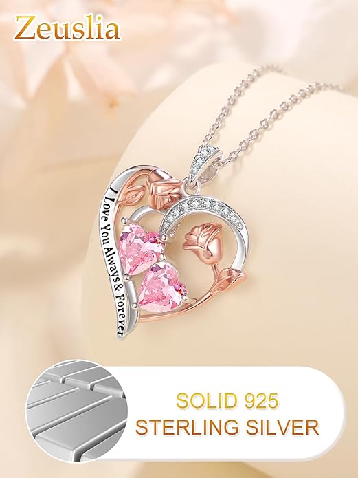 Valentine's Day Gifts for Wife 925 Sterling Silver Double Birthstone Pendant Necklaces I Love You for Always and Forever Necklace Anniversary Birthday Gifts for Wife Girlfriend Mom Her