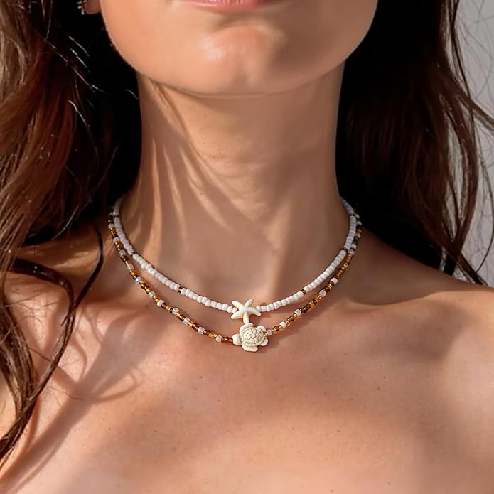 Women's Shell Starfish Boho Layered Beaded Necklace Choker for Summer Beach Vacation Gifts for Birthday/Anniversary/Christmas
