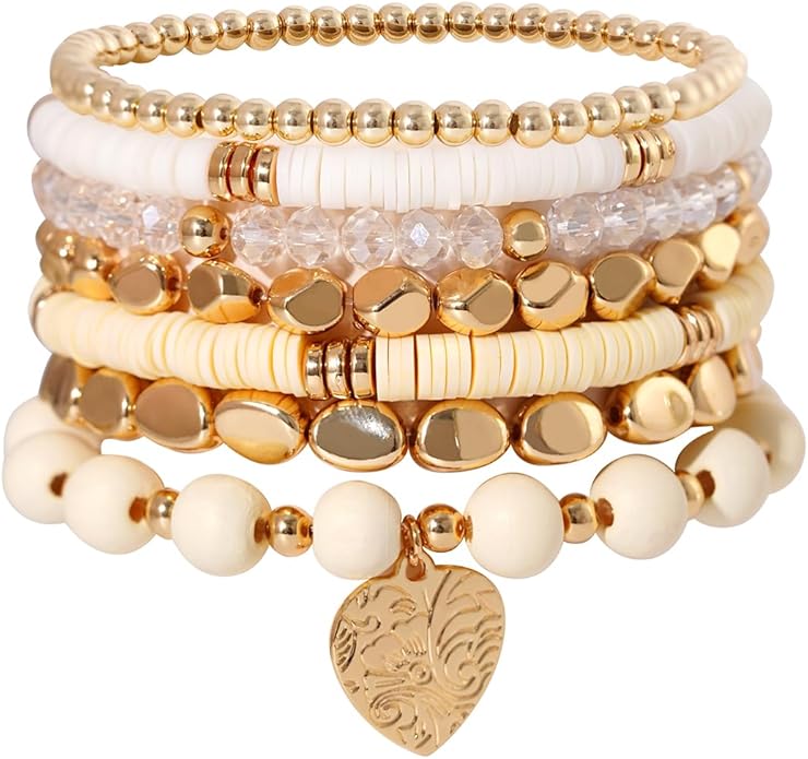 GOOJIDS Surfer Heishi Clay Bead Bracelets for Women Bohemian Stackable Gold Plated Beaded Stretch Bracelets Elastic Layering Friendship Bracelets Set Boho Jewelry