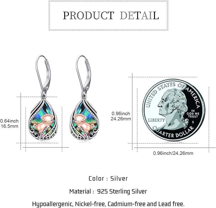 Animal Earrings 925 Sterling Silver Abalone Shell Dangle Drop Earrings Leverback Earrings Cute Animal Jewelry Gifts for Women Girlfriend
