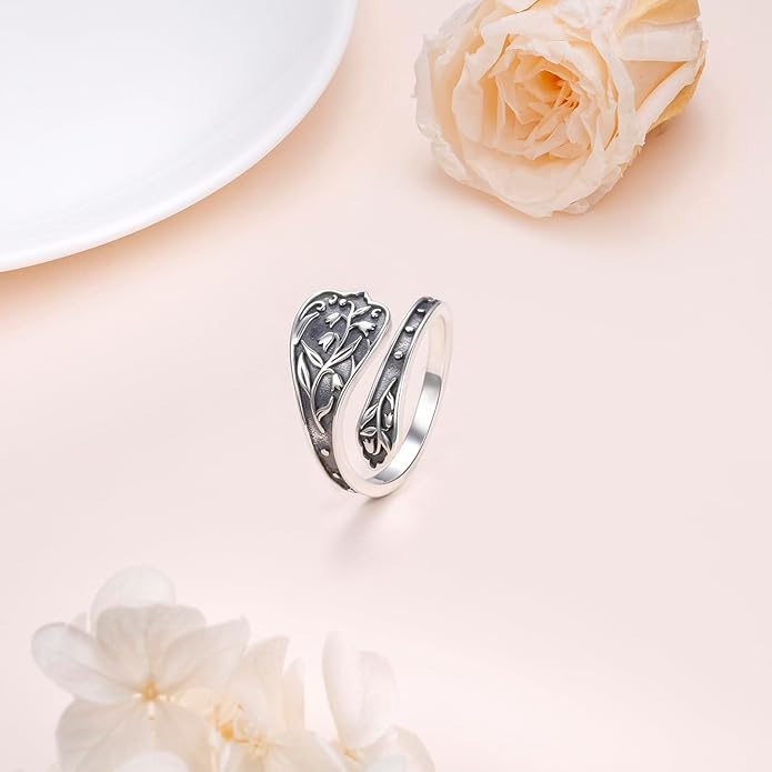 925 Sterling Silver Hummingbird/Sunflower Turquoise/Moonstone/Lily of the Valley Flower Spoon Ring Adjustable Open Ring Statement Thumb Ring Jewelry for Women