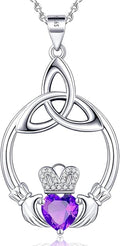 Gift Birthstone Necklaces for Women 925 Sterling Silver Irish Claddagh Necklace for Women Heart Birthstone Pendant Necklace Anniversary Birthday Gifts for Wife Lady Cable Chain 18"+2"