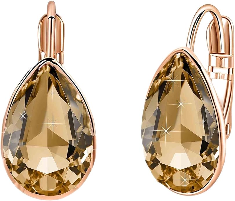 Teardrop Austrian Crystal Leverback Drop Earrings for Women 14K Rose Gold Plated Hypoallergenic Jewelry