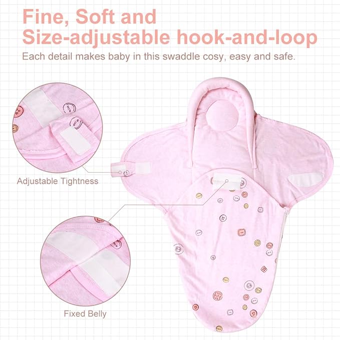 Premium Soft Cotton Baby Swaddle Blankets, Unisex Baby Blanket Wrap for Newborn Baby Boys Girls, Skin Friendly Wearable Swaddling Sleep Sack Calms Startle Reflex (Button, Peachpink, 3-6 Months)