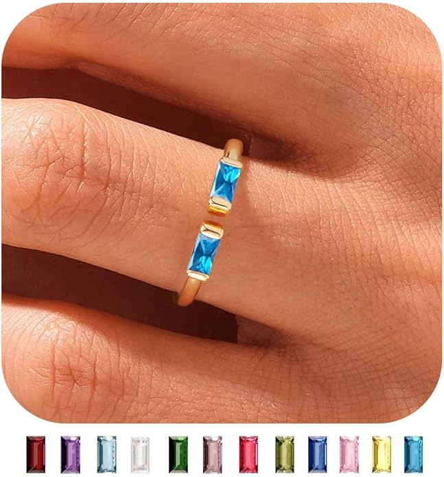WFYOU Gold Birthstone Rings for Women - Non Tarnish Dainty 14K Gold Plated Stackable CZ Rings for Her & Couples - Personalized Jewelry Gift for Birthday