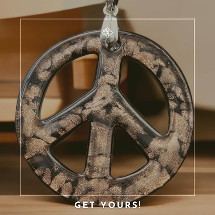 BESHEEK Murano Inspired Peace Sign Blown Glass Lampwork Art Pendant Necklace for Women Handcrafted Artisan Hypoallergenic Italian Style Jewelry
