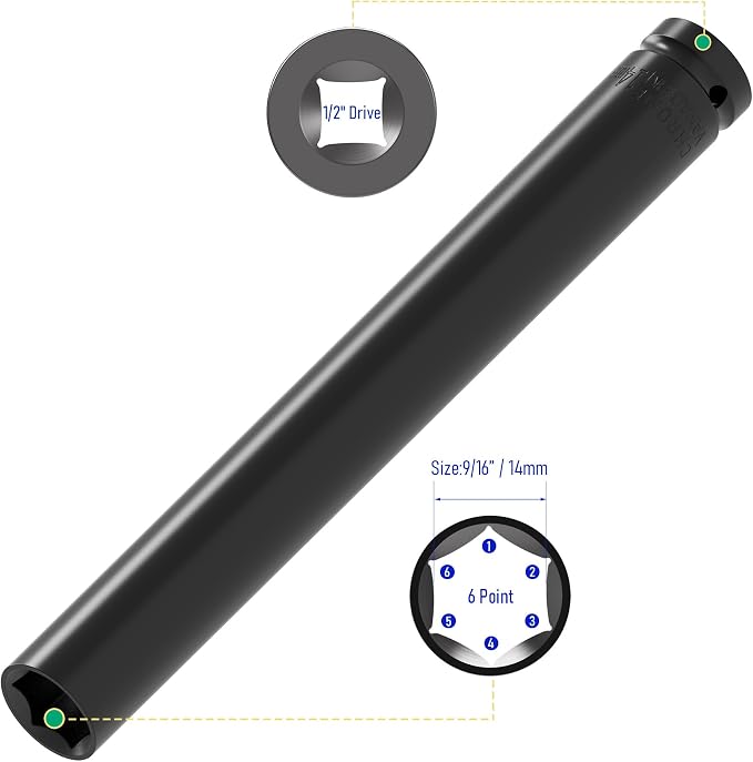 1/2" Drive 14mm Socket Accessory Set, 12 Inch Length | Deep 6-Point Impact - Image 2