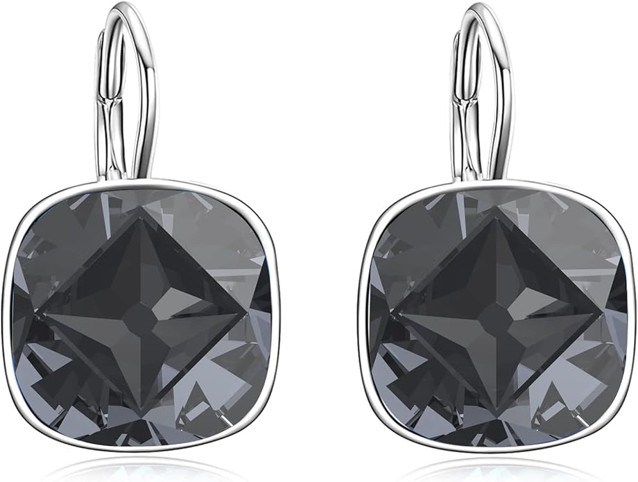 AOBOCO Sterling Silver Leverback Earrings Embellished with Crystals from Austria, Hypoallergenic Cushion Cut Square Crystal Earrings, Fine Anniversary Birthday Jewelry Gifts for Women