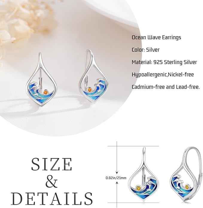 Ocean Wave Earrings 925 Sterling Silver Beach Leverback Earrings for Women Beach Jewelry Gifts for Women