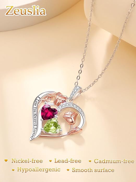 Valentine's Day Gifts for Wife 925 Sterling Silver Double Birthstone Pendant Necklaces I Love You for Always and Forever Necklace Anniversary Birthday Gifts for Wife Girlfriend Mom Her