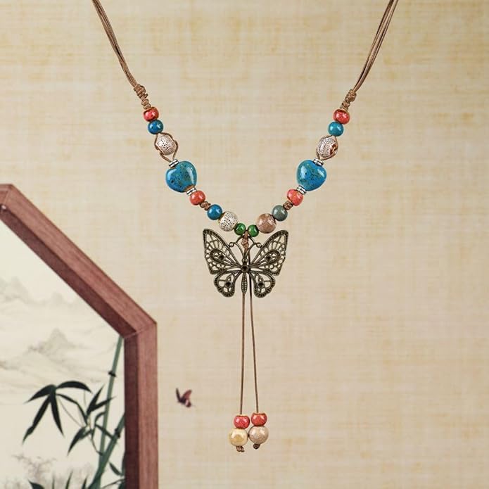 Boho Style Colorful Ceramic Bead Strand Necklace Adjustable Bohemian Jewelry Gift for Women, Fashion Clothing Matching Necklace
