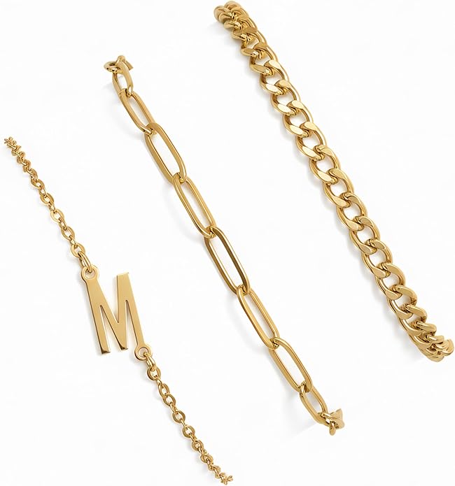14K Gold Plated Bracelets for Women, A–Z Initial Charm Bangles Jewelry Set, Elegant Gold Accessories, Friendship Bracelet Gifts for Mom