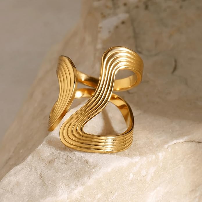 Chunky Rings For Women, Gold Silver Thumb Ring Asymmetrical Wavy Curve Ring Adjustable Non Tarnish Dainty Stainless Steel New Year Anniversary Birthday Jewelry Gift