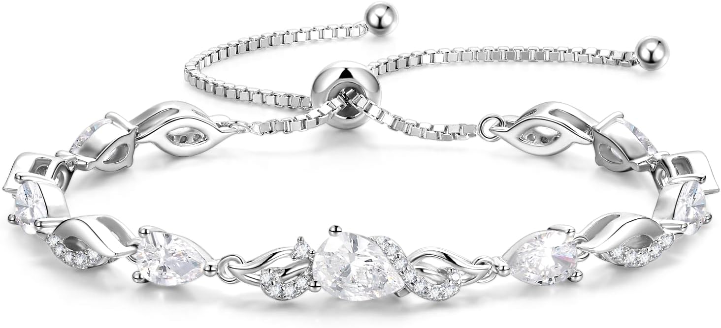 FANCIME Birthstone Teardrop Tennis Bracelet for Women, Sterling Silver 9x7mm main Gemstone Bolo Adjustable Chain Bracelet Fine Jewelry Birthday Gifts for Women Mom Wife Her