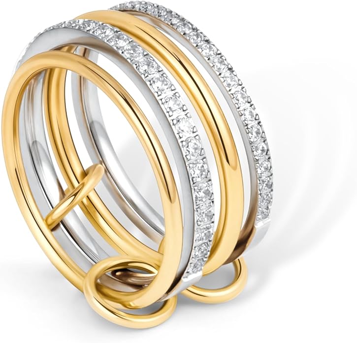 Gelbesty Stackable Gold Silver Band Rings for Women, Statement Chunky Cubic Zirconia Rings, Fashion Unique Designer Mixed Metal Jewelry Size 5/6/7/8/9/10/11