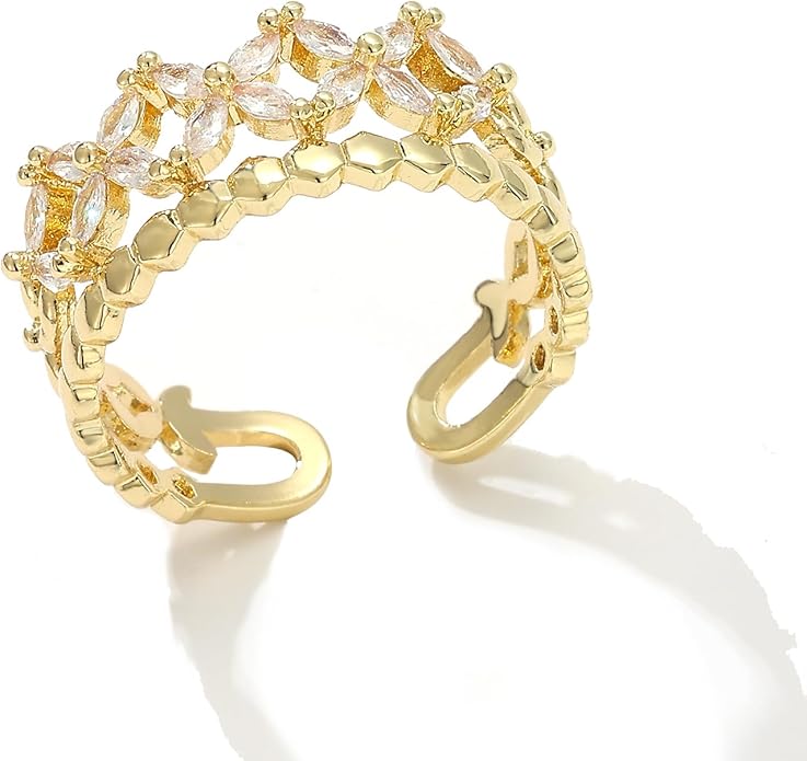 18K Gold Plated Cubiz Zirconia Wedding Engagement Wide Adjustable Band Ring for Women